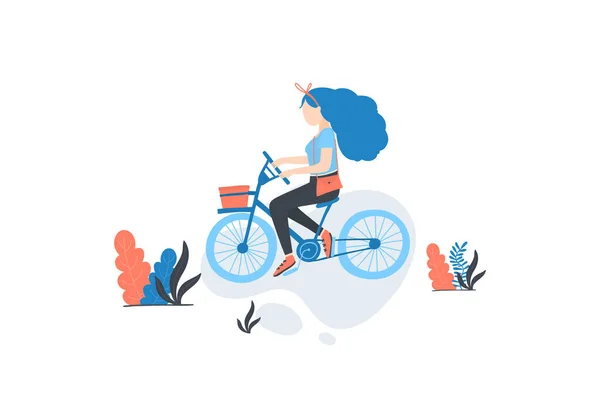ベクターの女の子自転車に乗って 夏の春の屋外活動 白い背景に隔離された女性の平らな漫画のキャラクター ベクターイラスト — ストックベクタ
