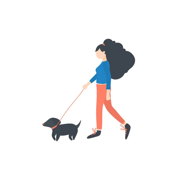 Векторная Девочка Выгуливает Собаку Летние Весенние Прогулки Свежем Воздухе Женщины — стоковый вектор