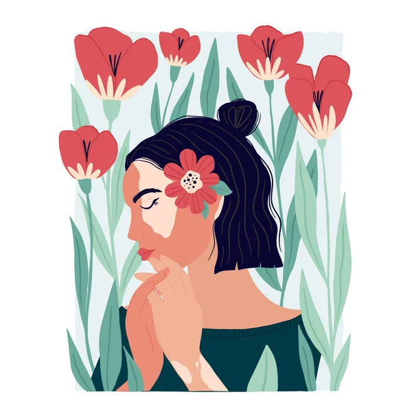 Ilustrações Vetoriais Com Menina Bonita Flores Isoladas Fundo Branco Cartão — Vetor de Stock