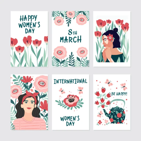 Conjunto Vectorial Ilustración Marzo Día Internacional Mujer Plantilla Vectorial Con — Vector de stock