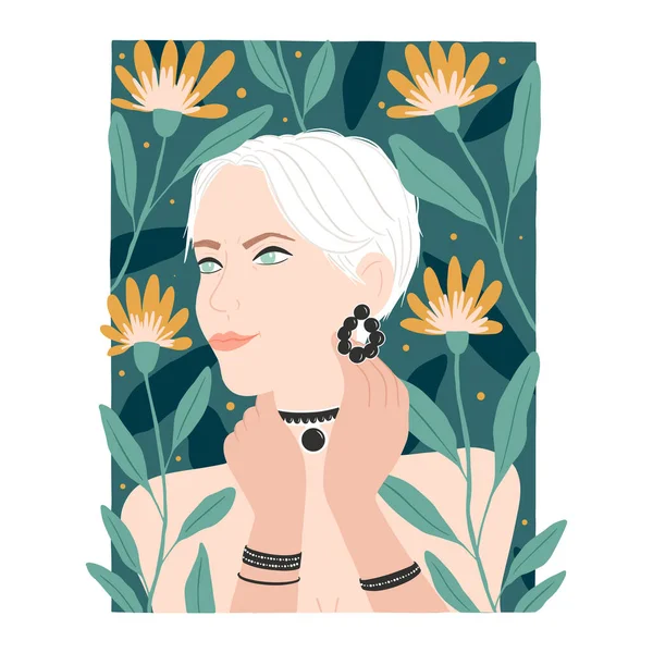 Illustrations Vectorielles Avec Belle Fille Blonde Fleurs Isolées Sur Fond — Image vectorielle