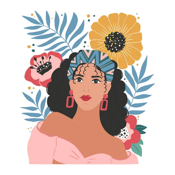 Illustrations Vectorielles Avec Belles Vies Fille Afro Palmier Fleurs Isolées — Image vectorielle