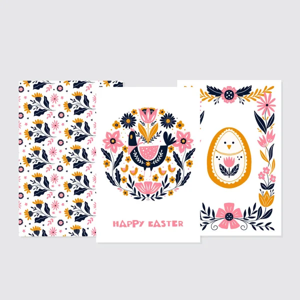 Vector Set Easter Greeting Cards Egg Flowers Chicken Floral Pattern — Stock Vector