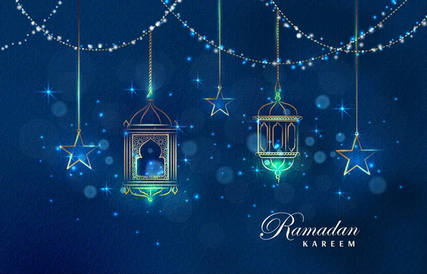 Vector Ramadan Kareem Ευχετήρια Κάρτα Bokeh Και Αστέρια Στο Φόντο — Διανυσματικό Αρχείο