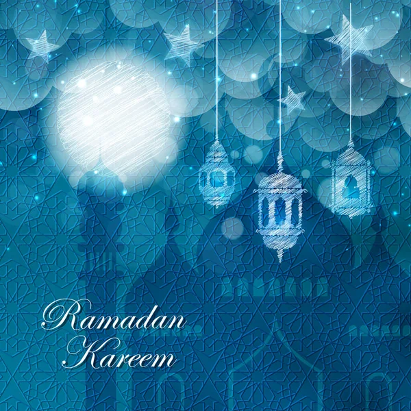 Tarjeta Felicitación Vector Ramadan Kareem Con Luna Nubes Estrellas Fondo — Vector de stock