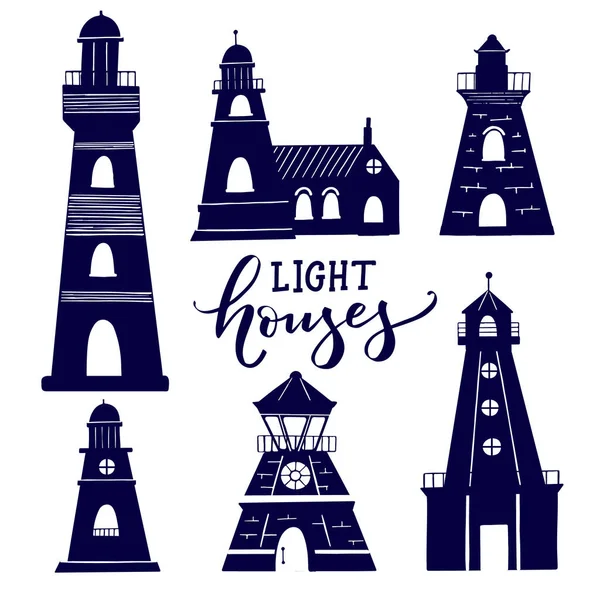 Vektör Ligthouse Koleksiyonu Beyaz Arka Planda Izole Edilmiş Deniz Feneri — Stok Vektör
