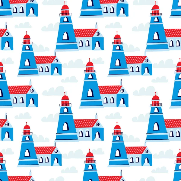灯台とベクトルシームレスなパターン 夏柄手描きイラスト — ストックベクタ