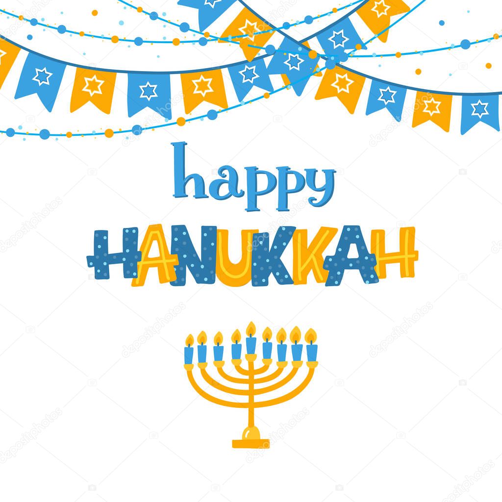 Vector greeting card Happy Hanukkah design . Menorah,candles,garland,  Jewish star.
