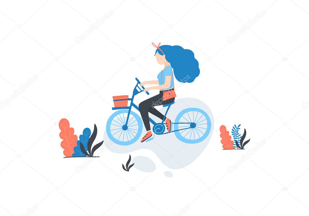 Vector girl riding bicycle, summer spring outdoor activities. Female flat cartoon characters isolated on white background. Vector illustration.
