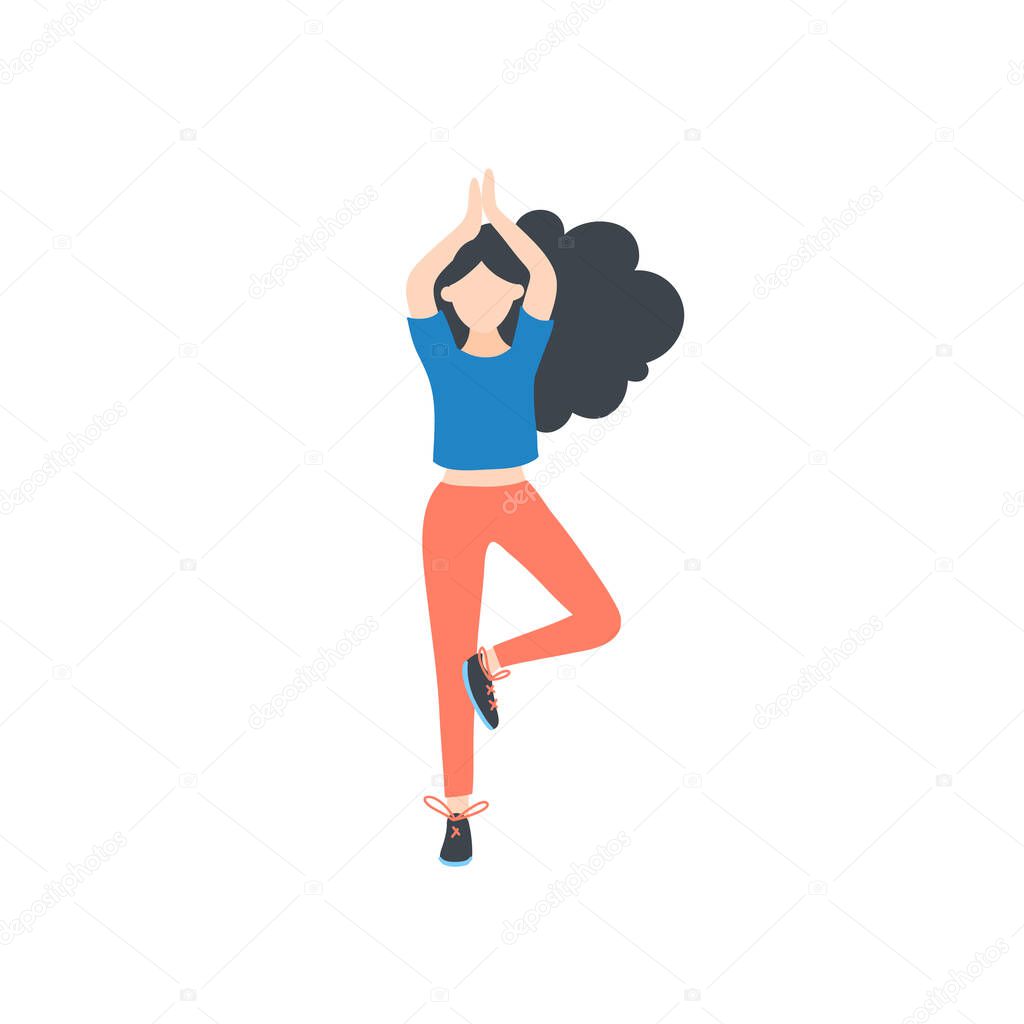 Vector girl doing yoga, summer spring outdoor activities. Female flat cartoon characters isolated on white background. Vector illustration.