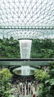 İnci, Singapur Changi Havalimanı, Singapur - 16 Ağustos 2025: dünyanın en uzun kapalı şelalesi, Yağmur Girdabı, gündüz vakti yağmur ormanları ağaçlarıyla çevrili, yan tarafında tren rayı olan.