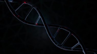 Koyu arkaplan animasyonunda kırmızı ışık parçacıkları olan geleceksel parlayan DNA ipliği yapısı
