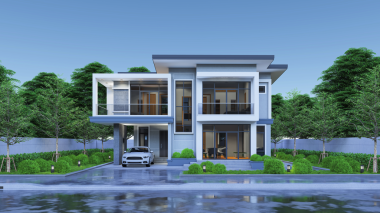 Garajı ve doğal manzarası olan modern modern tarz bir ev.