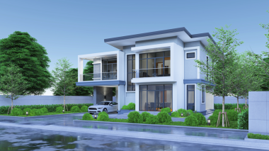 Garajı ve doğal manzarası olan modern modern tarz bir ev.
