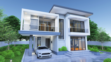 Garajı ve doğal manzarası olan modern modern tarz bir ev.