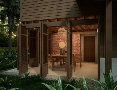 Topikal iklimdeki ahşap ev. Kırsal kesimin güzel manzarası