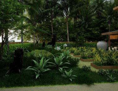 Topikal iklimdeki ahşap ev. Kırsal kesimin güzel manzarası