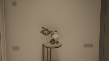Mobilyalı modern yatak odası iç tasarımı, 3D görüntüleme.