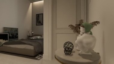Mobilyalı modern yatak odası iç tasarımı, 3D görüntüleme.