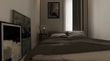 Mobilyalı modern yatak odası iç tasarımı, 3D görüntüleme.