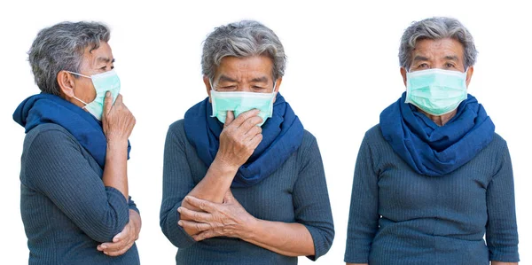 Wanita Tua Dengan Topeng Batuk Pada Latar Belakang Putih Penyakit — Stok Foto