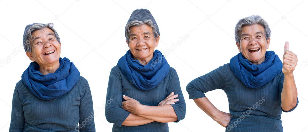 Happy Asian old woman joyful on white background