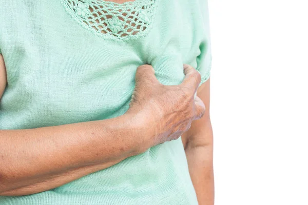 老妇人感到心脏疼痛在白色背景 病症老人问题概念 — 图库照片