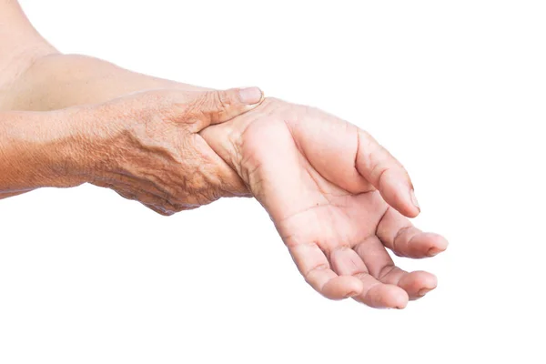 Old Hand Pain Wrist Isolated White Background Muscle Weakness Fatigue — Stock Photo, Image