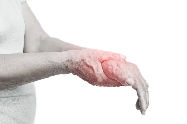 Old Hand Pain Wrist Isolated White Background Muscle Weakness Fatigue — Stock Photo, Image