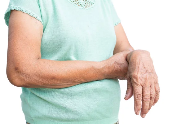 Gamla Hand Smärta Handleden Isolerade Vit Bakgrund Muskelsvaghet Och Trötthet — Stockfoto