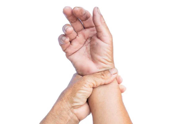 Dor Mão Velha Pulso Isolado Fundo Branco Fraqueza Muscular Fadiga — Fotografia de Stock