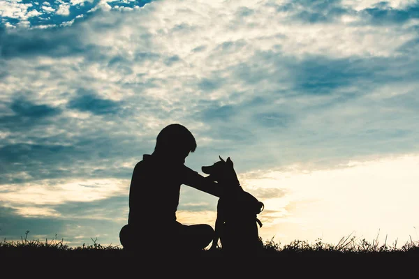 Силуэт Симпатичного Мальчика Собаки Играющей Закате Неба Праздник — стоковое фото