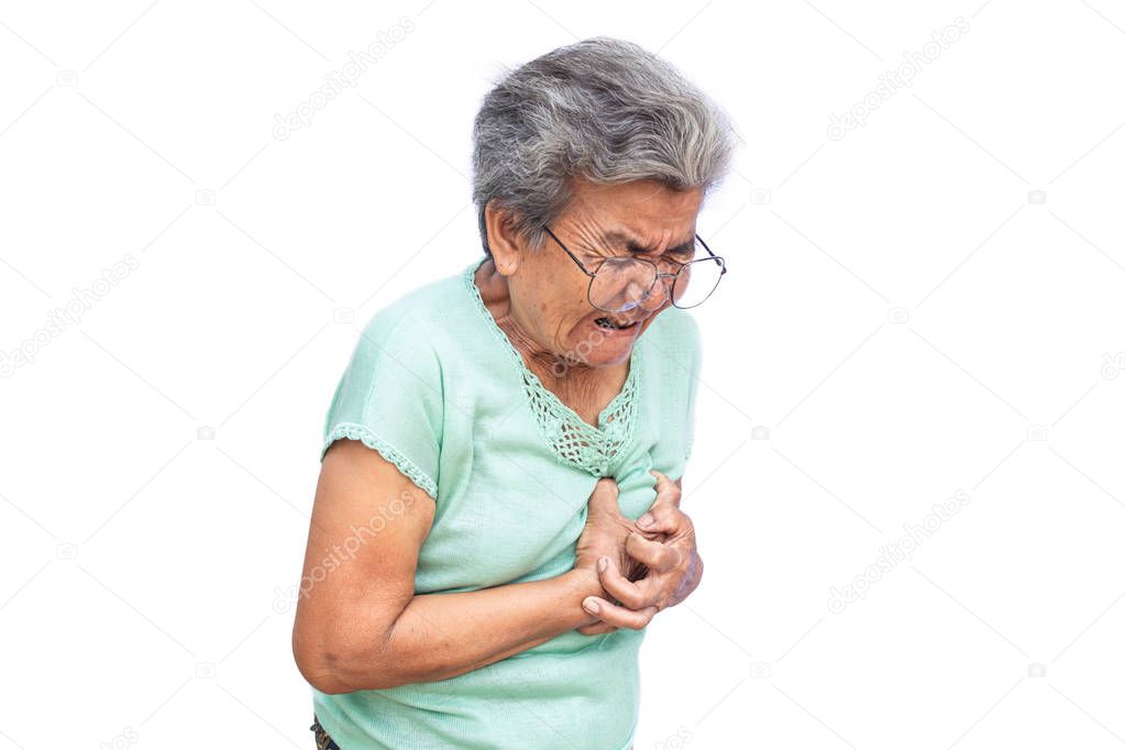 Old woman felt heart ache on white background,Illness of the elderly problem concept.