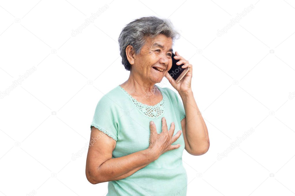 Old woman using smartphone isolated on white background.