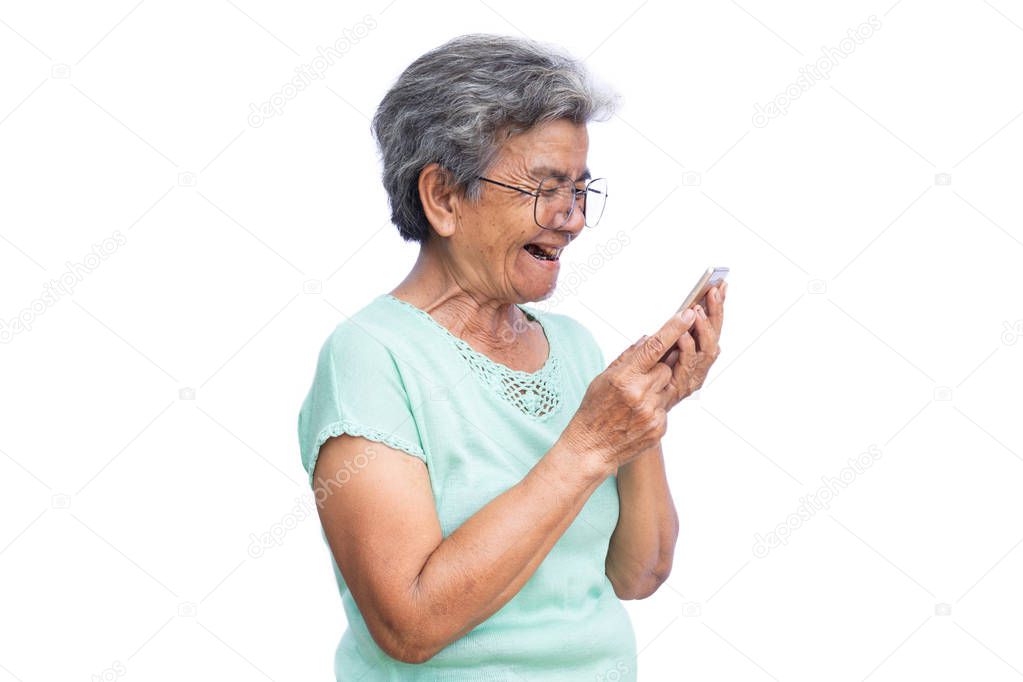 Old woman using smartphone isolated on white background.