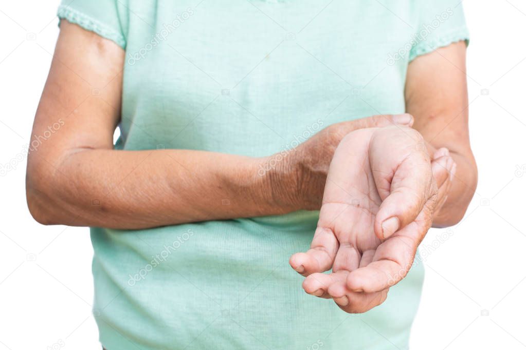 Old hand pain on wrist isolated white background,Muscle weakness and fatigue concept.