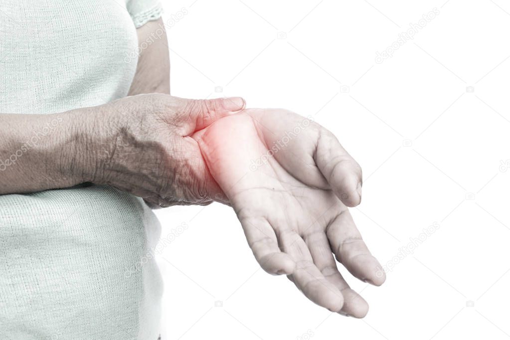 Old hand pain on wrist isolated white background,Muscle weakness and fatigue concept.