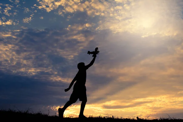 Silhouette Boy Playing Wooden Plane Nature Relax Time Holiday Concept — Stock Photo, Image