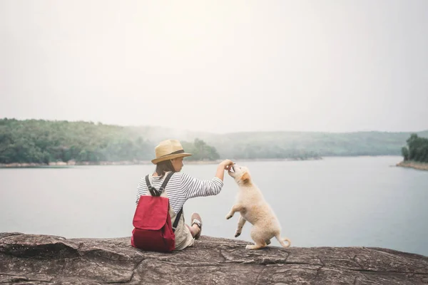 Chica Feliz Jugando Con Perrito Fondo Naturaleza Viajar Color Vacaciones — Foto de Stock