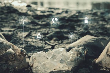 Fırın sıcak gün, kuraklık ve çevre sorunları üzerinde açık göl yanında çatlamak zeminde şişe plastik simge ile yukarı kapatın.