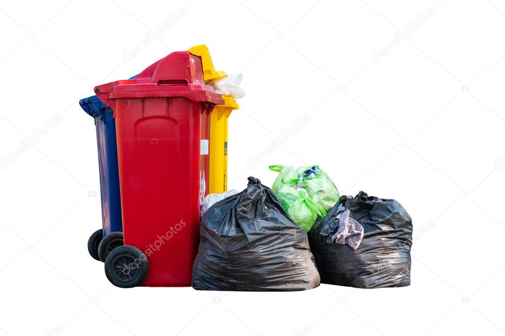 Group of bin and plastic garbage on a white background cause of pollution in environment.