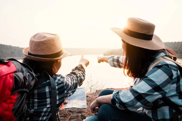 Asian Women Backpack Park Journey Traveling Holiday Concept — Stock Photo, Image