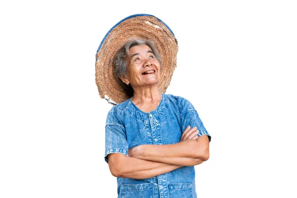 Feliz Anciana Agricultora Sobre Fondo Blanco — Foto de Stock