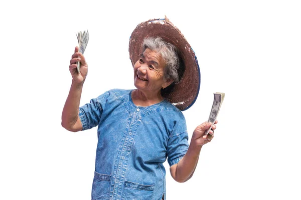 Χαρούμενη Γριά Αγρότης Που Κρατάει Λεφτά Λευκό Φόντο — Φωτογραφία Αρχείου