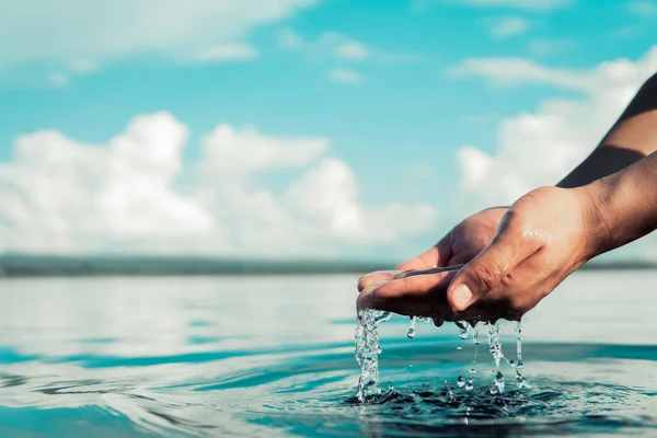Human Hand Touching Water River Water Crisis — Stock Photo, Image