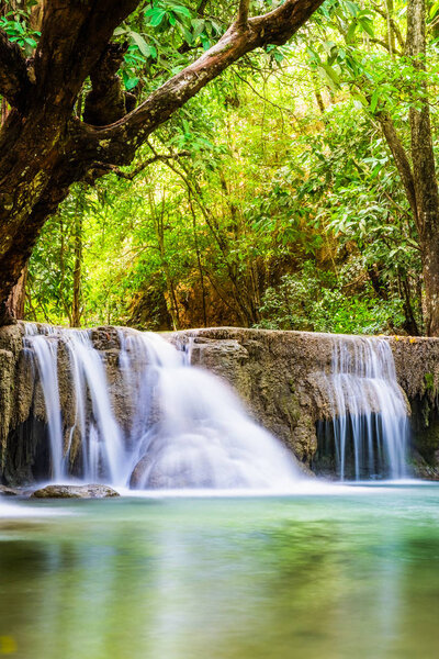 Waterfall deep forest soft scenic natural at huai mae khamin national park,kanchanaburi,thailand