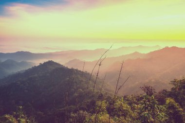 Dağ yumuşak sis doğal gündoğumu sabah, filtre efekti