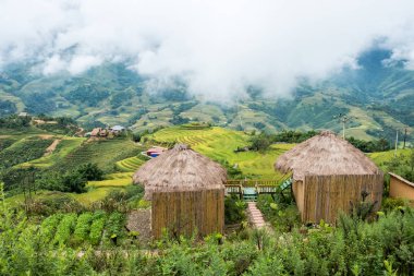 Görünümü ile sis üzerinde Vadisi'nde teraslı pirinç alan arka yazlık