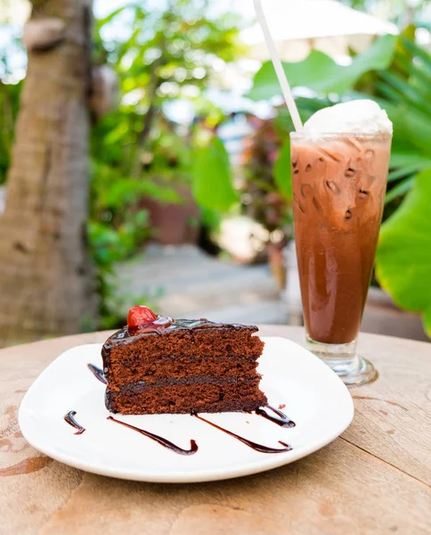 Chocolate cake and chocolate drink in natural fresh