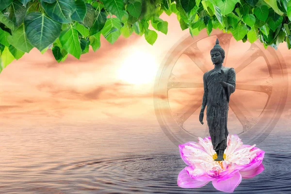 Statue Buddha Standing Leaf Lotus Bodhi Ocean Sun Background — Stock Photo, Image